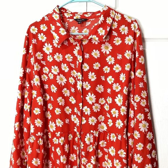 Simply Be Red Floral Dress Long Sleeve MIDI Flowy Dress Plus Size 20 - Picture 2 of 12